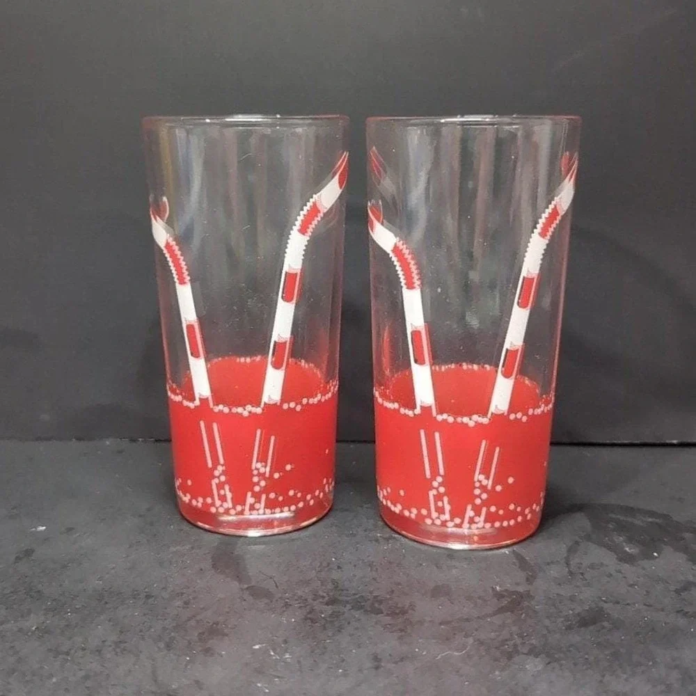 Retro Diner‎ Drinking Glasses, Set of 2, Red Straws Design, Vintage Tumblers
